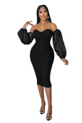 Formal Black Sweetheart Ruched Midi Dress with Mesh See Thru Sleeves