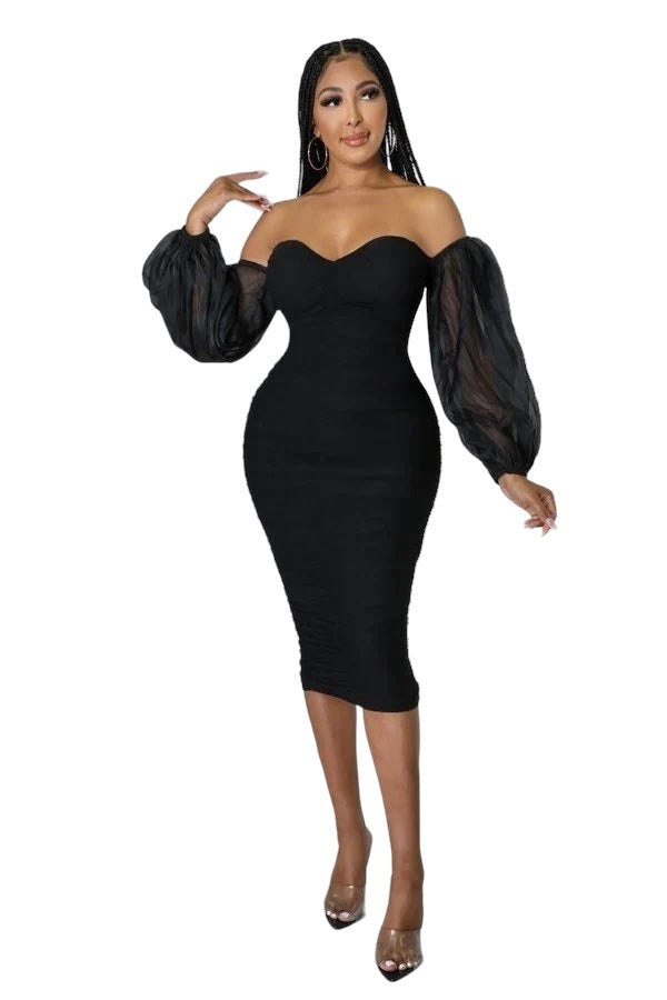 Formal Black Sweetheart Ruched Midi Dress with Mesh See Thru Sleeves