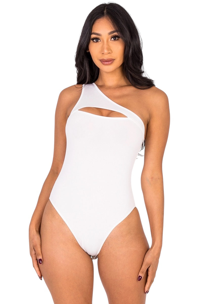 Basic Ribbed Knit Cut Out One Shoulder Bodysuit