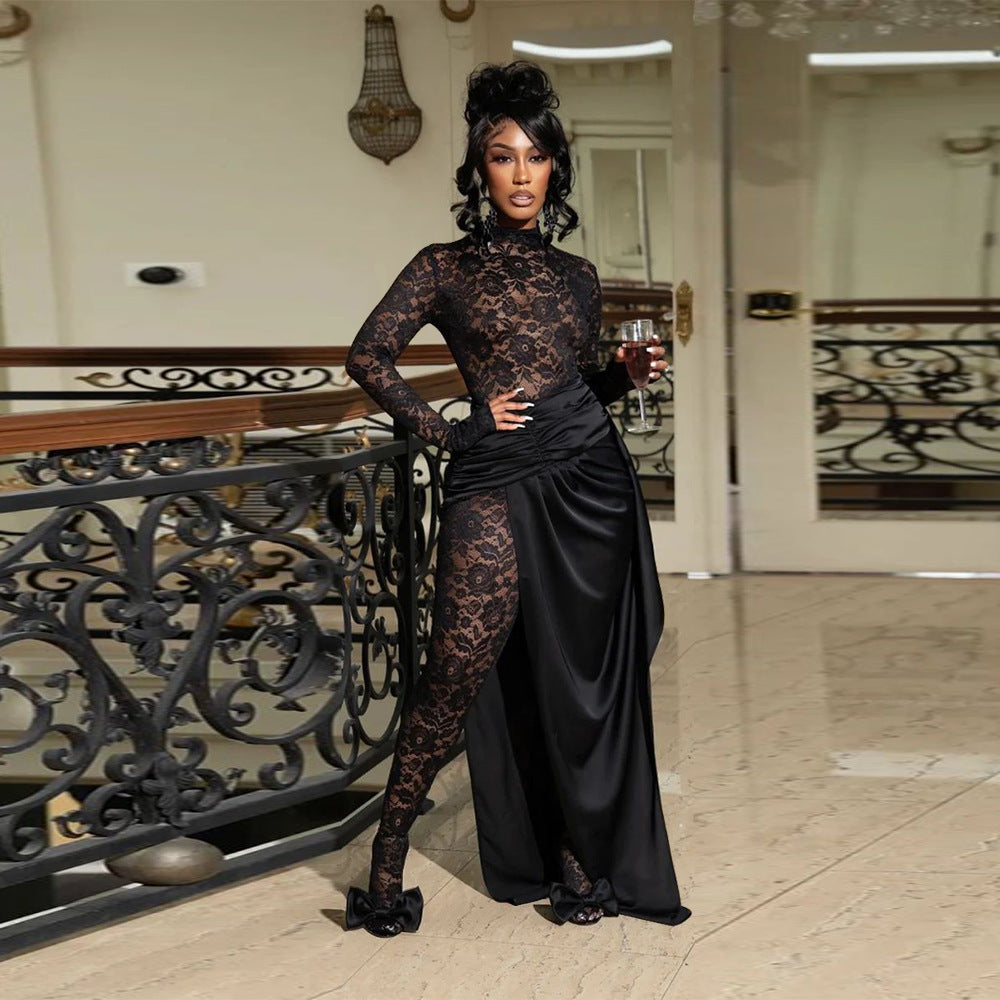 Lace Jumpsuit Artificial Silk Skirt Set