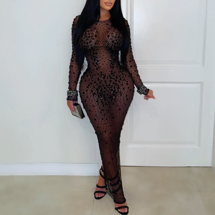 Mesh Rhinestone Sheath Dress