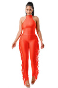 Mock Neck Sleeveless Crop Top & Side Fringe Pants Set