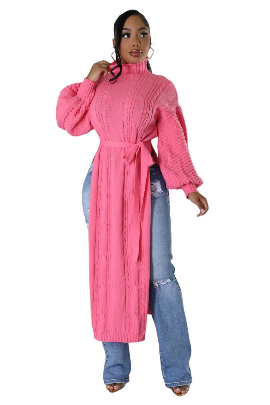 Long Knit Midi Mock Neck Sweater with Slits