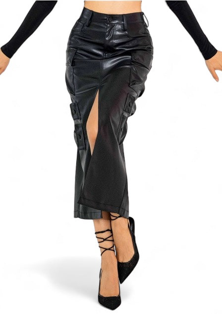 Leather Cargo Column Skirt