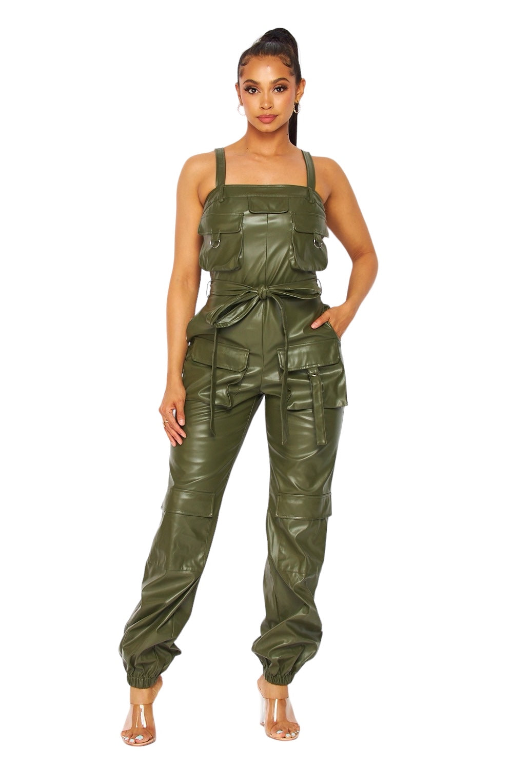 Leather Cargo Pocket Jogger Jumpsuit