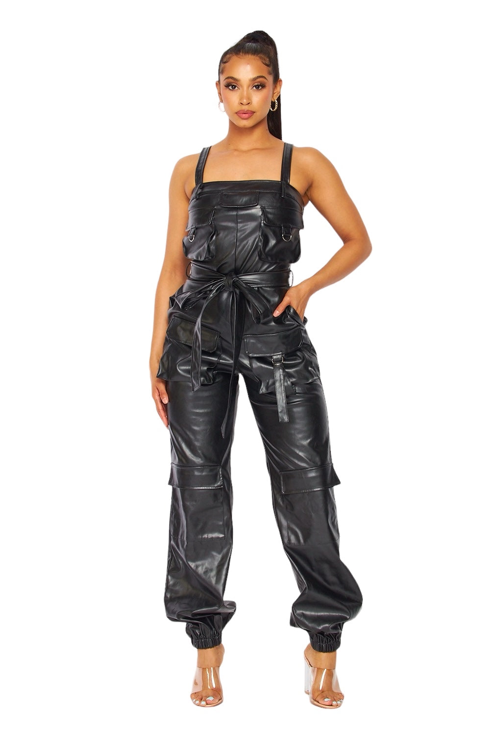 Leather Cargo Pocket Jogger Jumpsuit