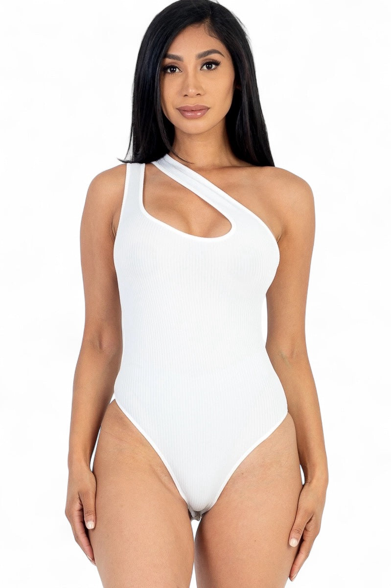 Basic One Shoulder Cut Out Rib Knit Bodysuit