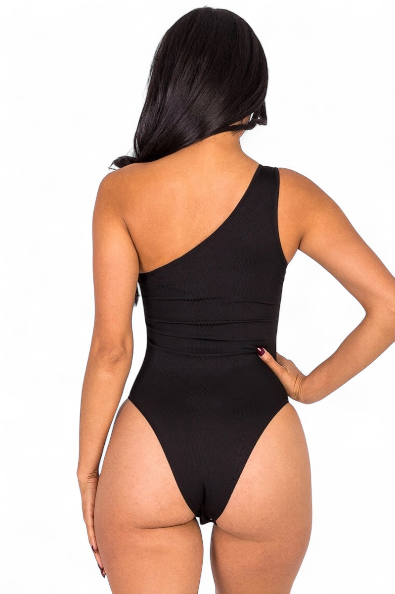 Basic Ribbed Knit Cut Out One Shoulder Bodysuit