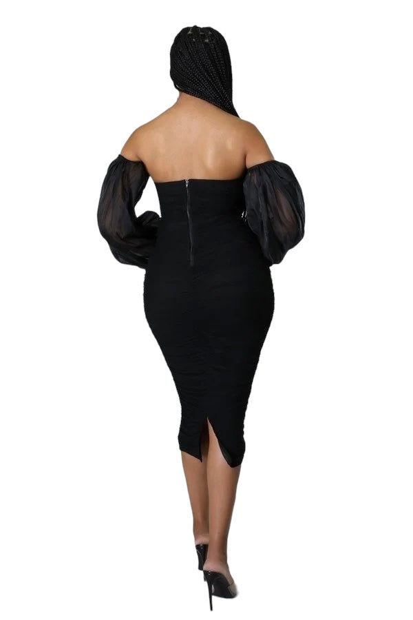 Formal Black Sweetheart Ruched Midi Dress with Mesh See Thru Sleeves