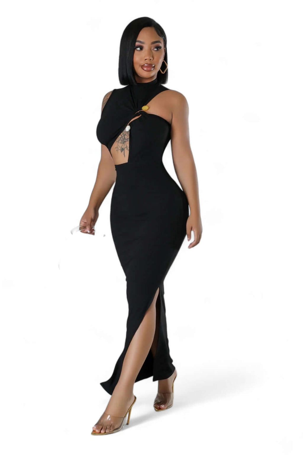Formal Ribbed Cut Out Slit Midi Dress