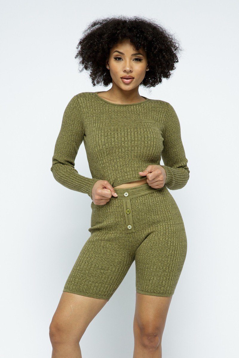 Knit Long Sleeve Cropped Top Knit High-Waist Biker Shorts Set