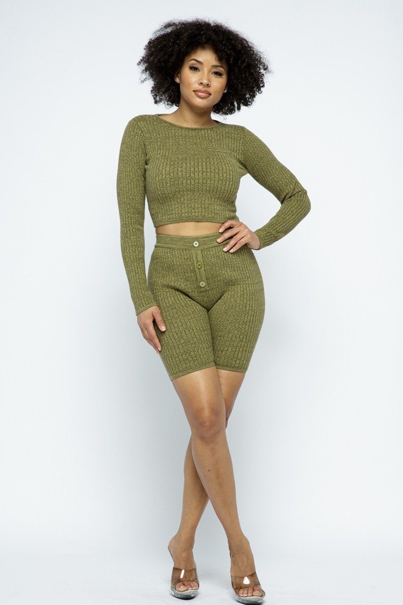 Knit Long Sleeve Cropped Top Knit High-Waist Biker Shorts Set