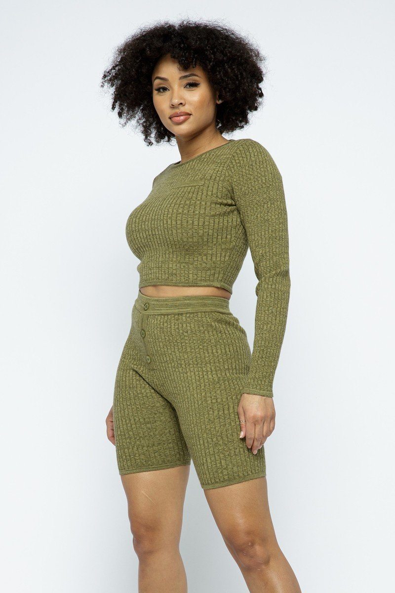 Knit Long Sleeve Cropped Top Knit High-Waist Biker Shorts Set