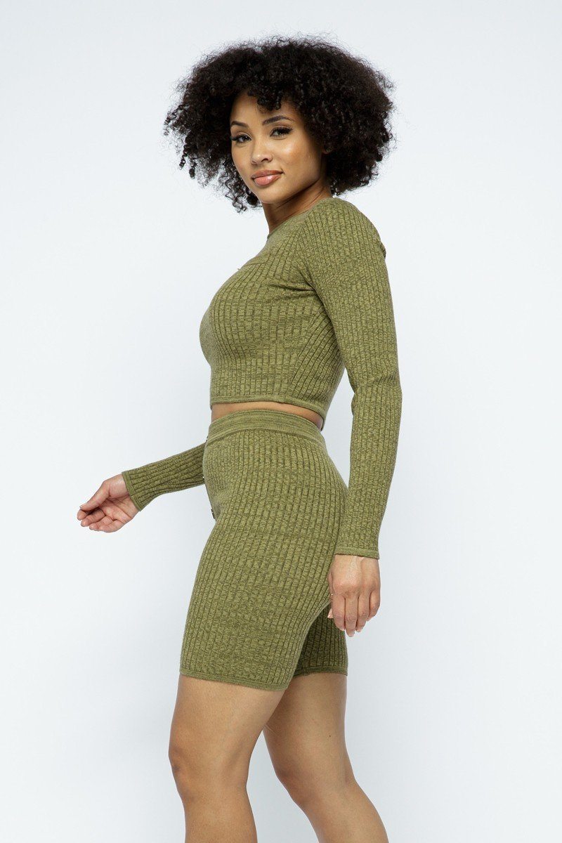 Knit Long Sleeve Cropped Top Knit High-Waist Biker Shorts Set