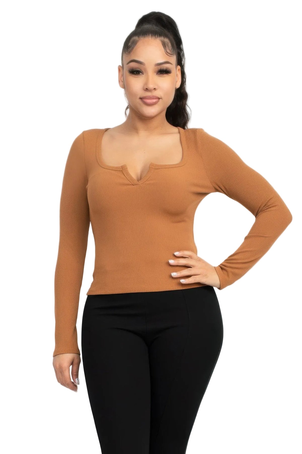Basic Long Sleeve Solid V-collared Neck Top
