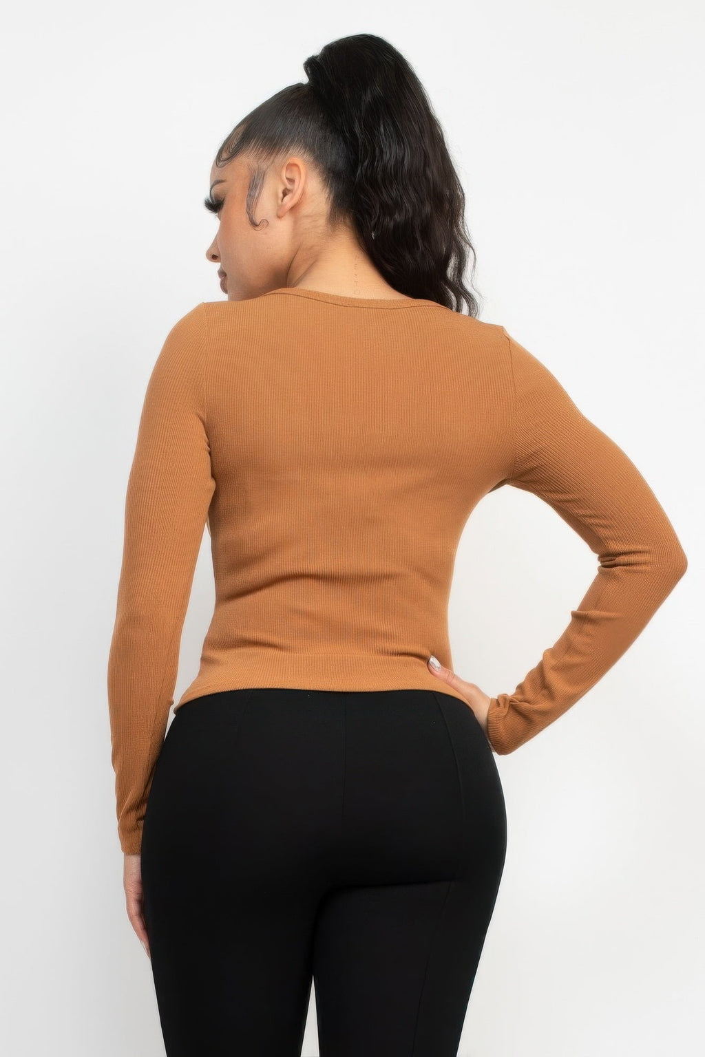 Basic Long Sleeve Solid V-collared Neck Top