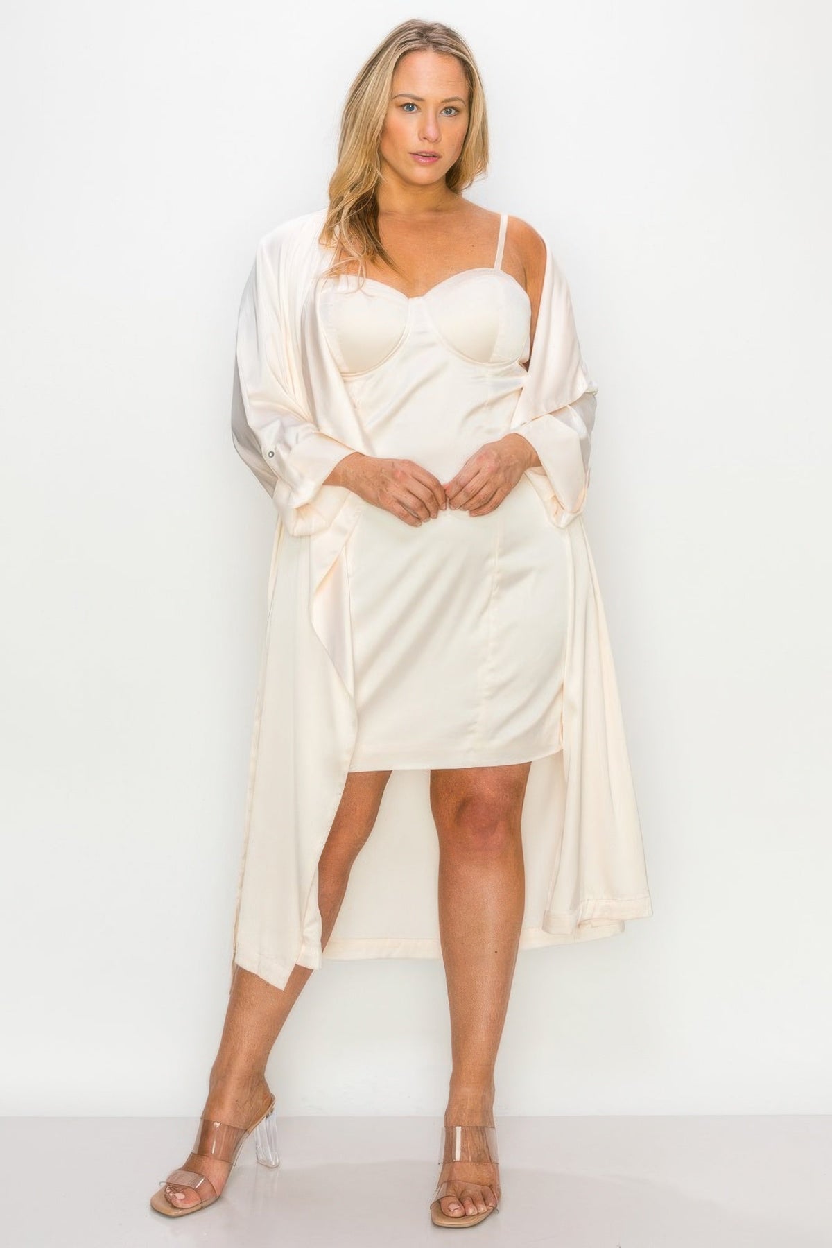 Satin Strap Dress With Self Belt Coat Set