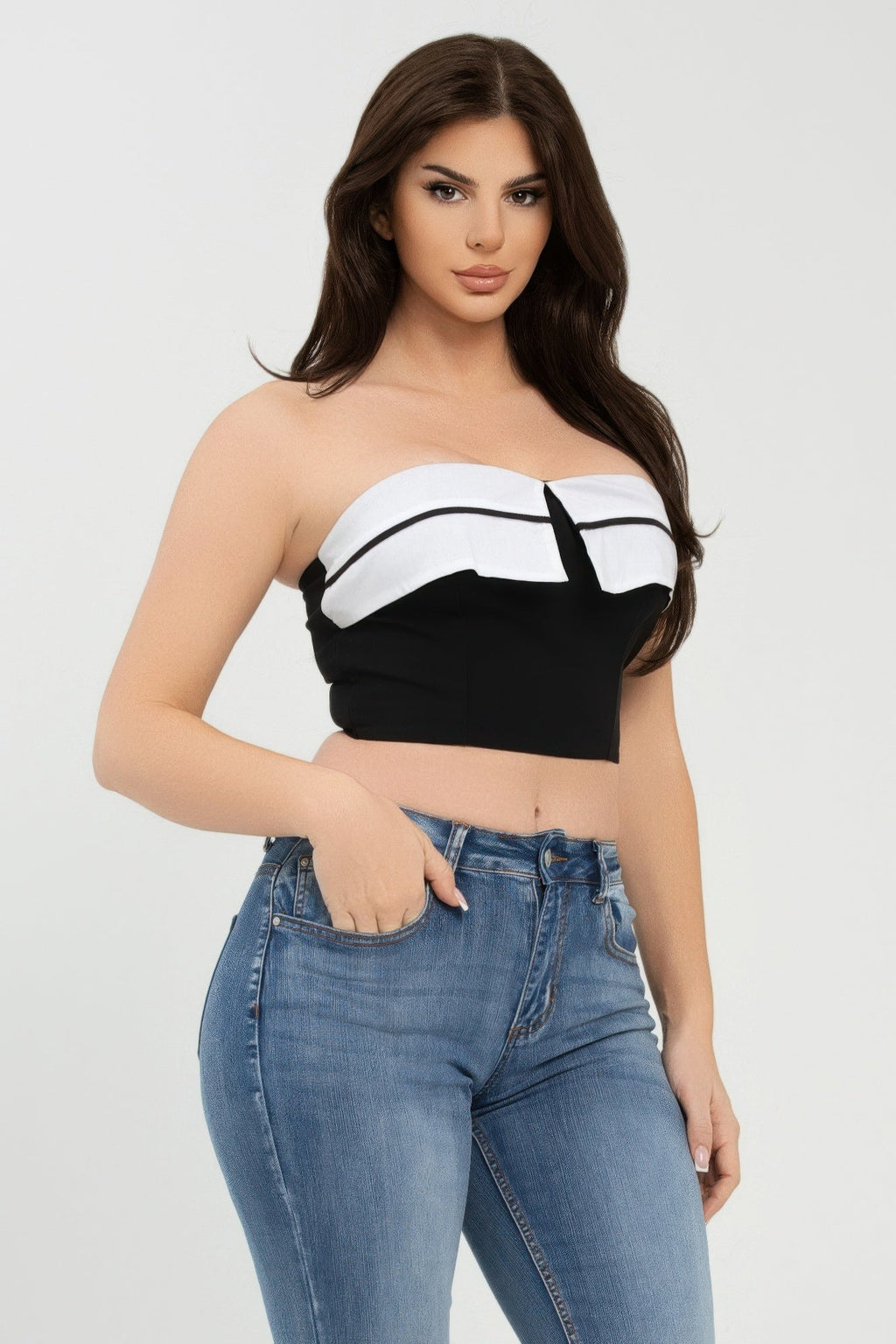 Collar Front Fold Color Contrast Tube Top