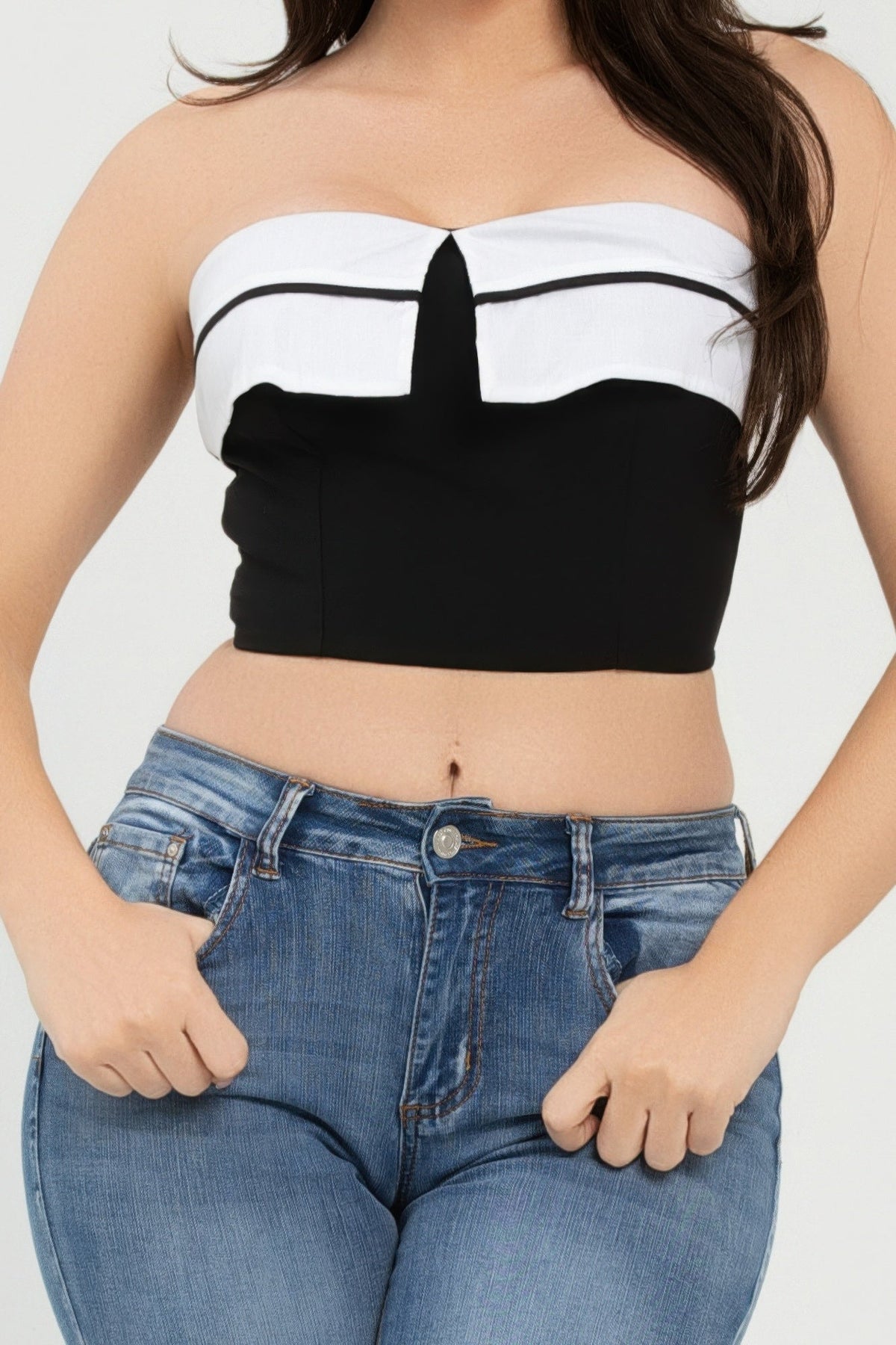 Collar Front Fold Color Contrast Tube Top