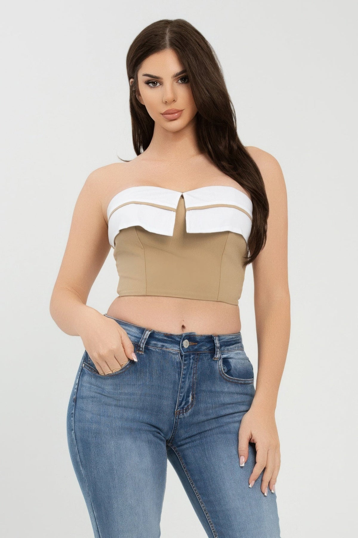 Collar Front Fold Color Contrast Tube Top