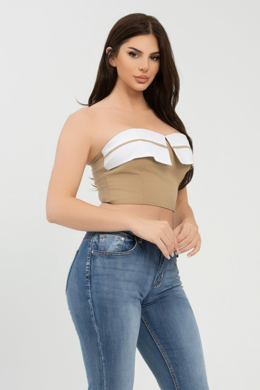 Collar Front Fold Color Contrast Tube Top