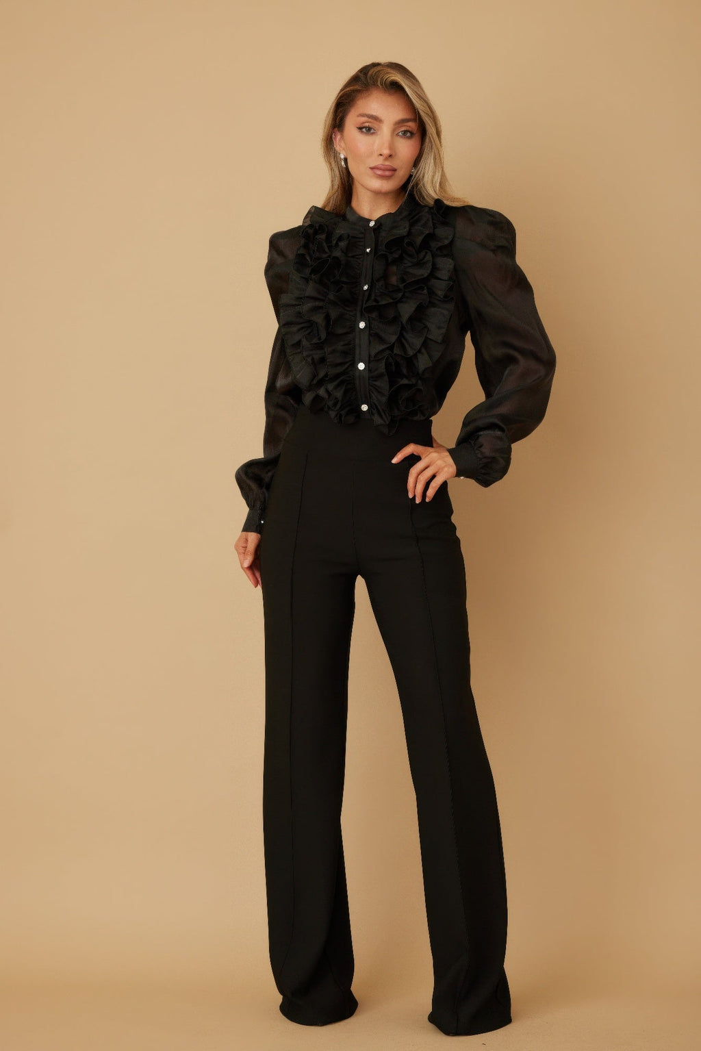 Ace Ruffle Micro Crystal Long Sleeve Blouse