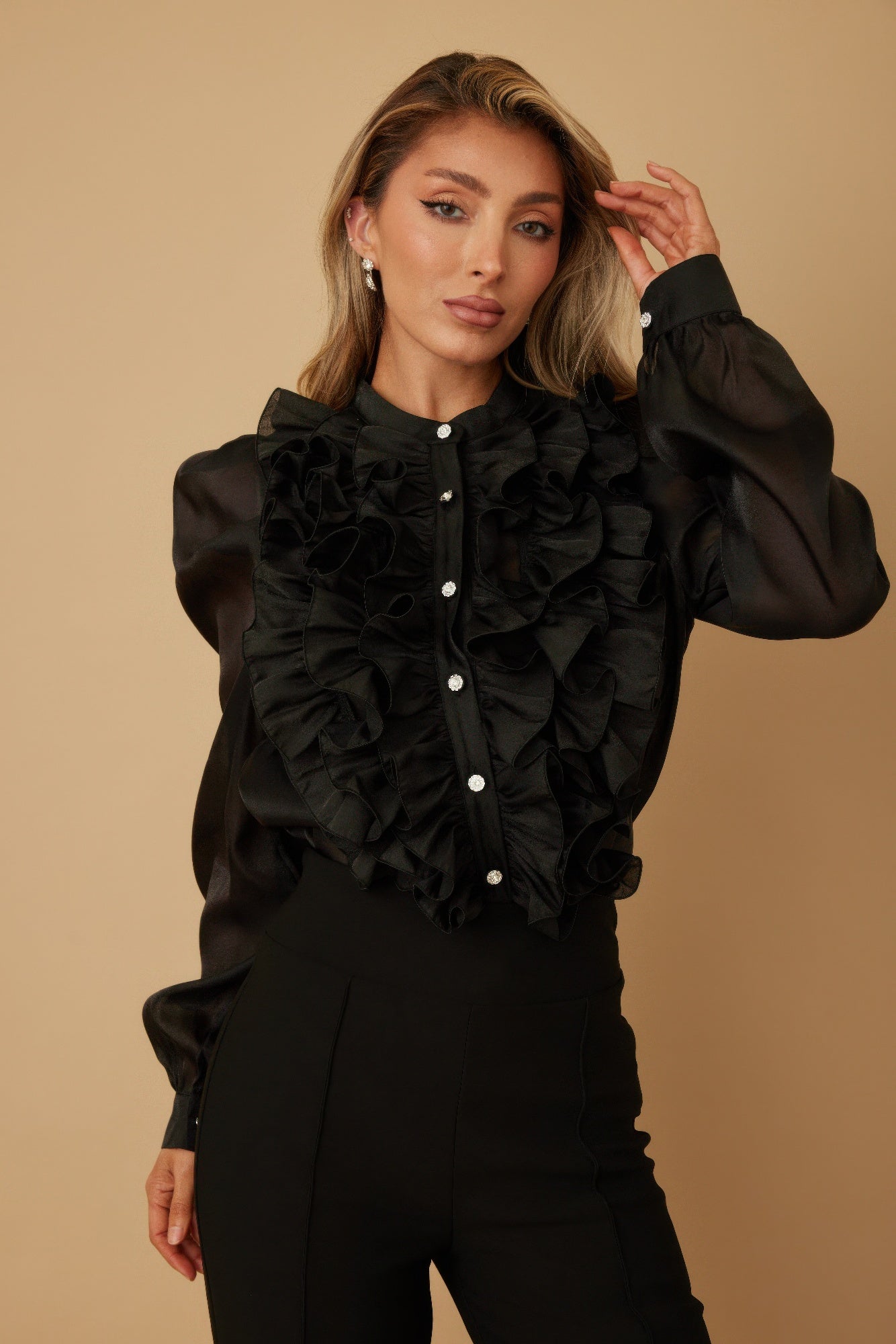 Ace Ruffle Micro Crystal Long Sleeve Blouse