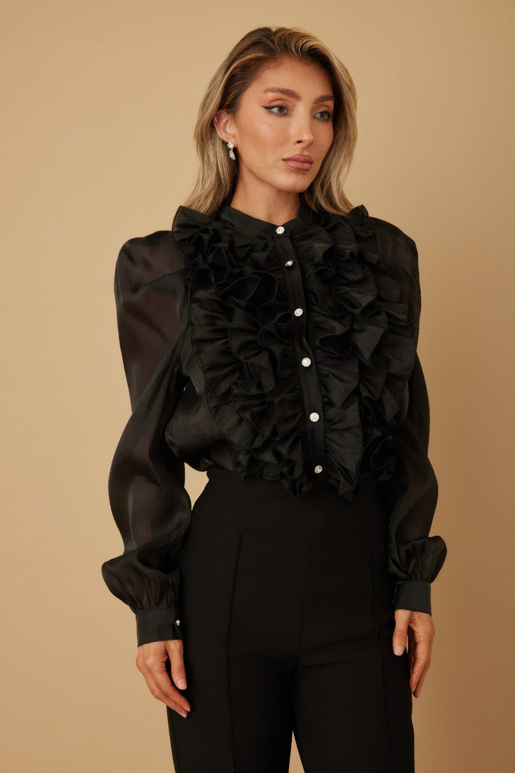 Ace Ruffle Micro Crystal Long Sleeve Blouse