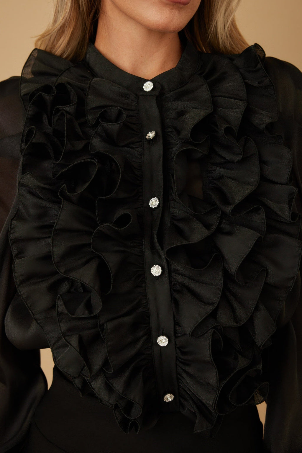 Ace Ruffle Micro Crystal Long Sleeve Blouse