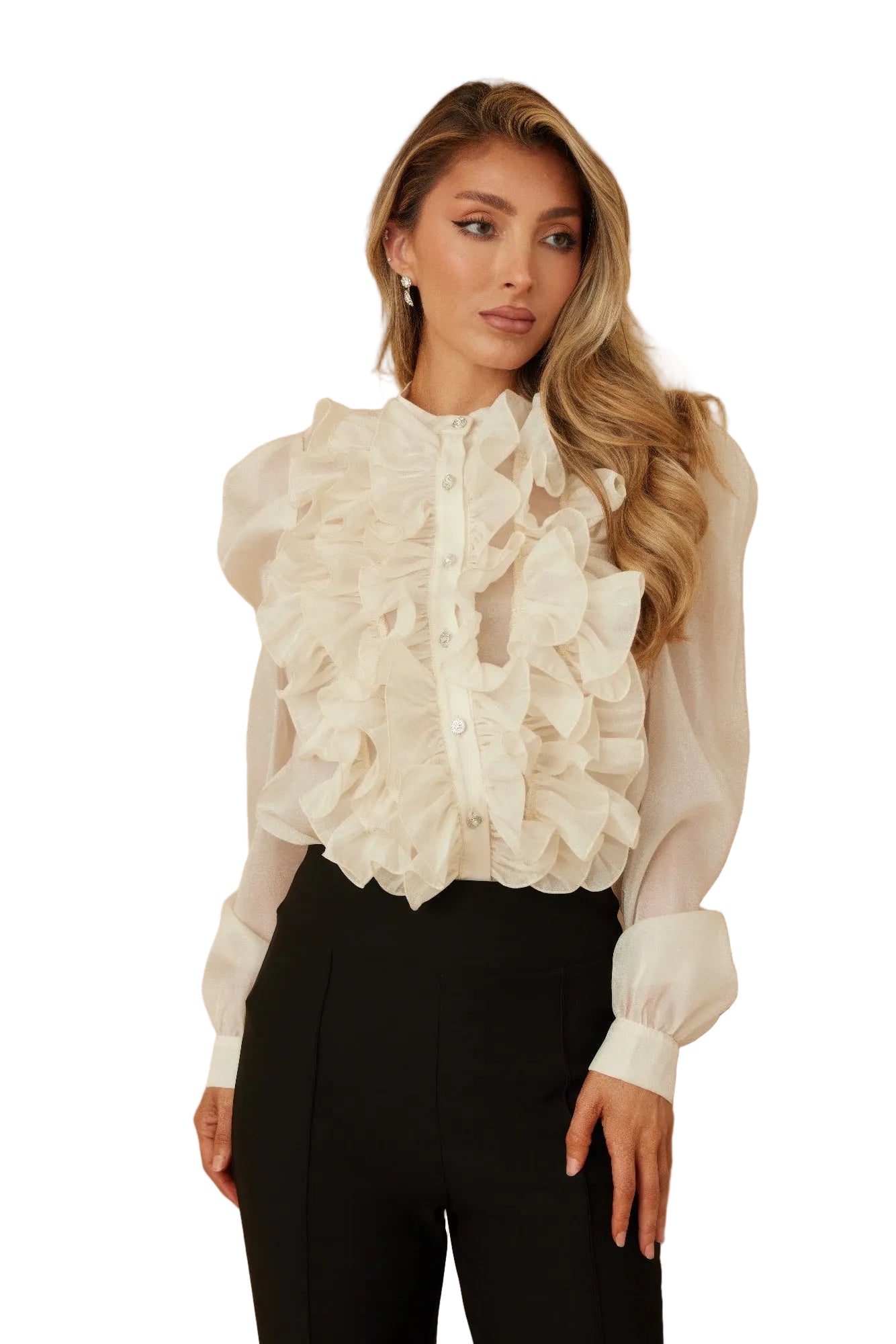Ace Ruffle Micro Crystal Long Sleeve Blouse