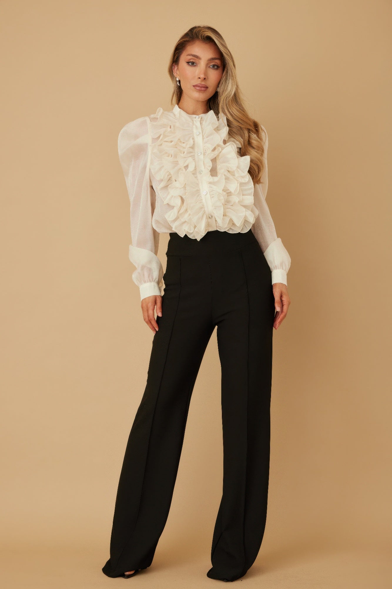 Ace Ruffle Micro Crystal Long Sleeve Blouse