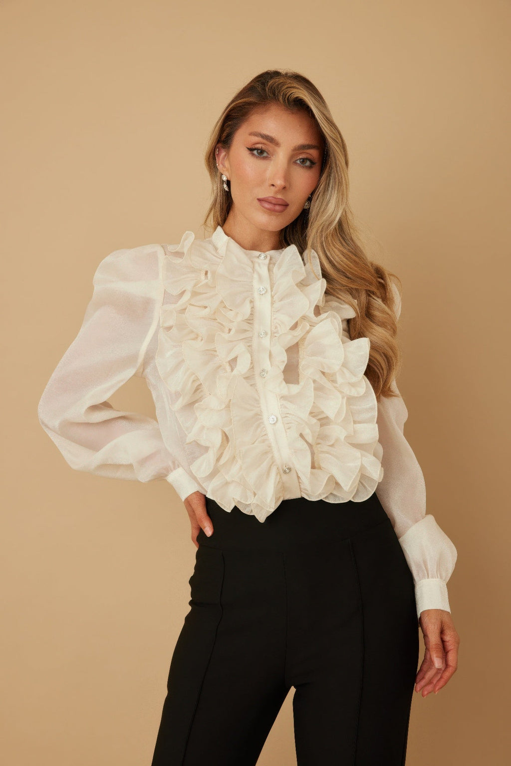 Ace Ruffle Micro Crystal Long Sleeve Blouse
