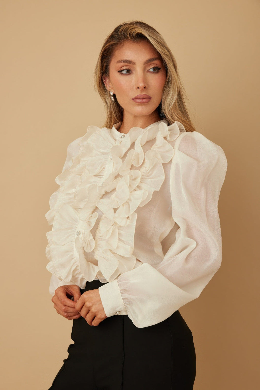 Ace Ruffle Micro Crystal Long Sleeve Blouse