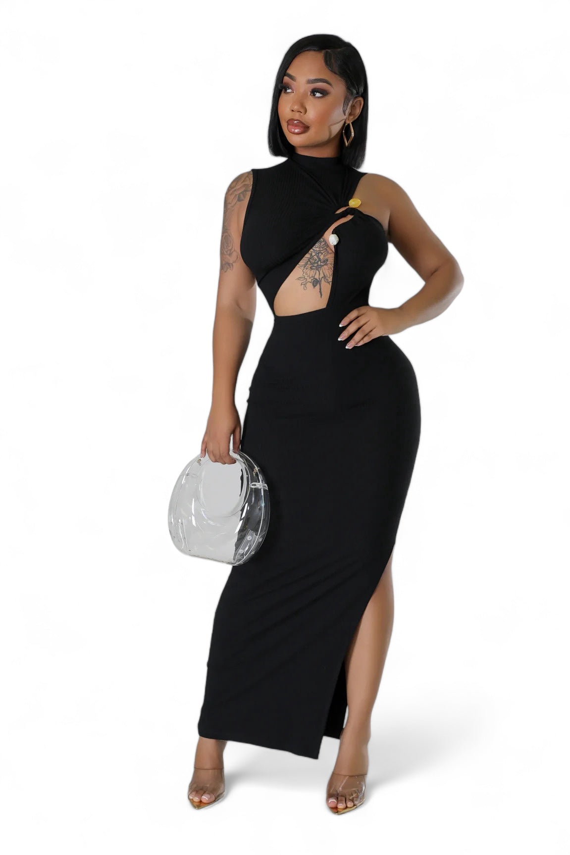 Formal Ribbed Cut Out Slit Midi Dress