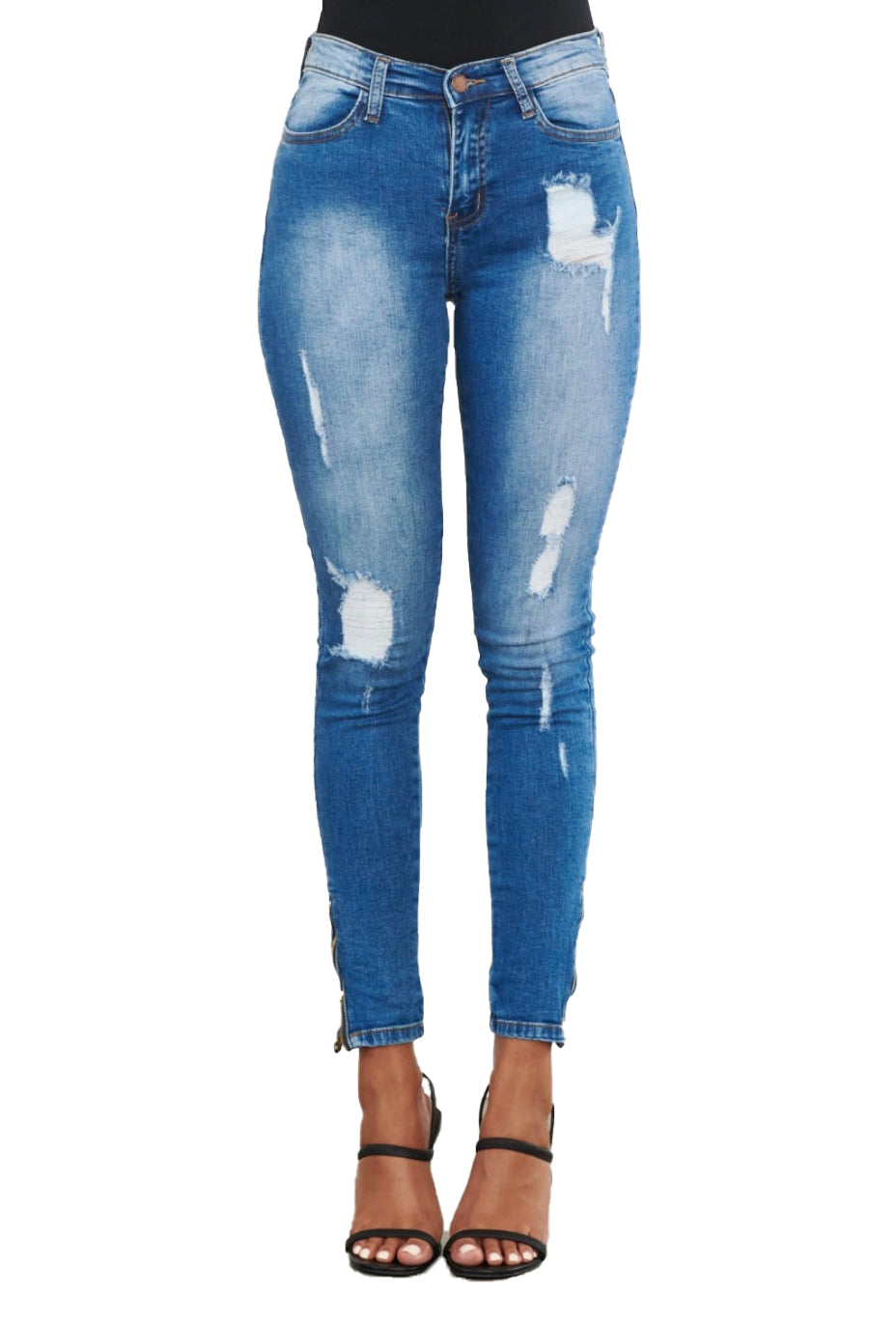 Skinny Distressed Jeans w/ Ankle Zipper