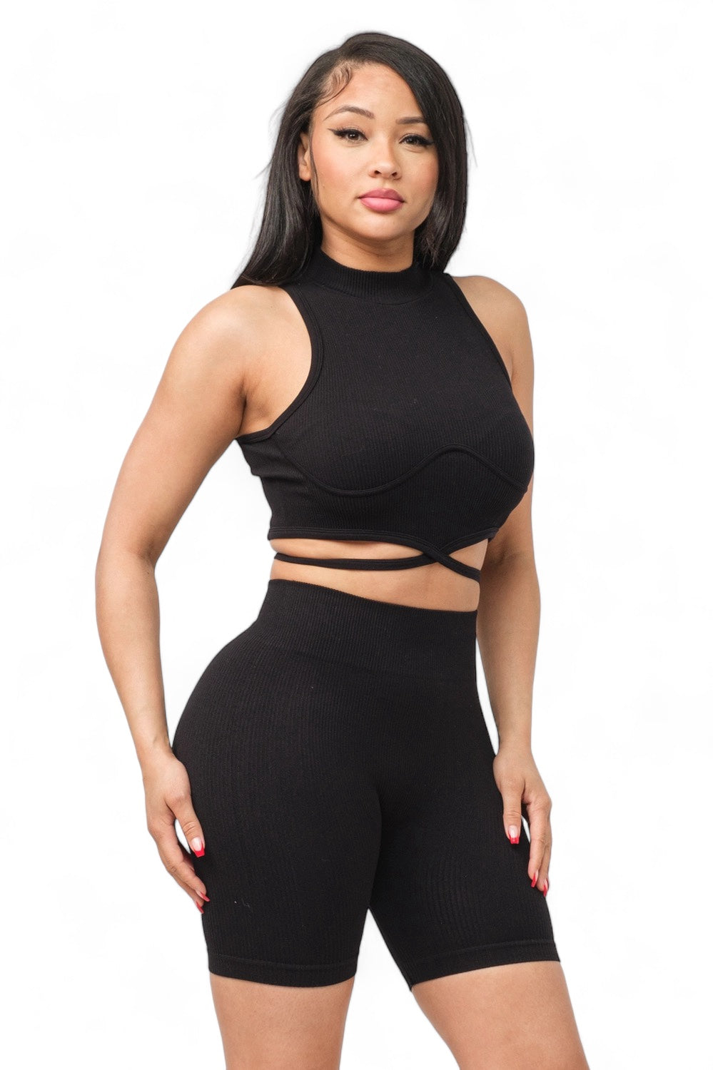 Front Waist Back Tie Top and Shorts Set
