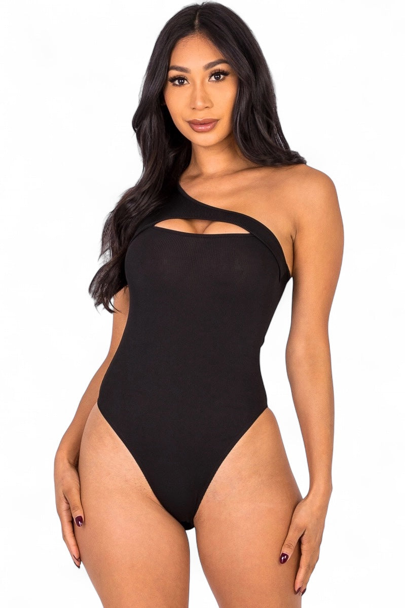 Basic Ribbed Knit Cut Out One Shoulder Bodysuit
