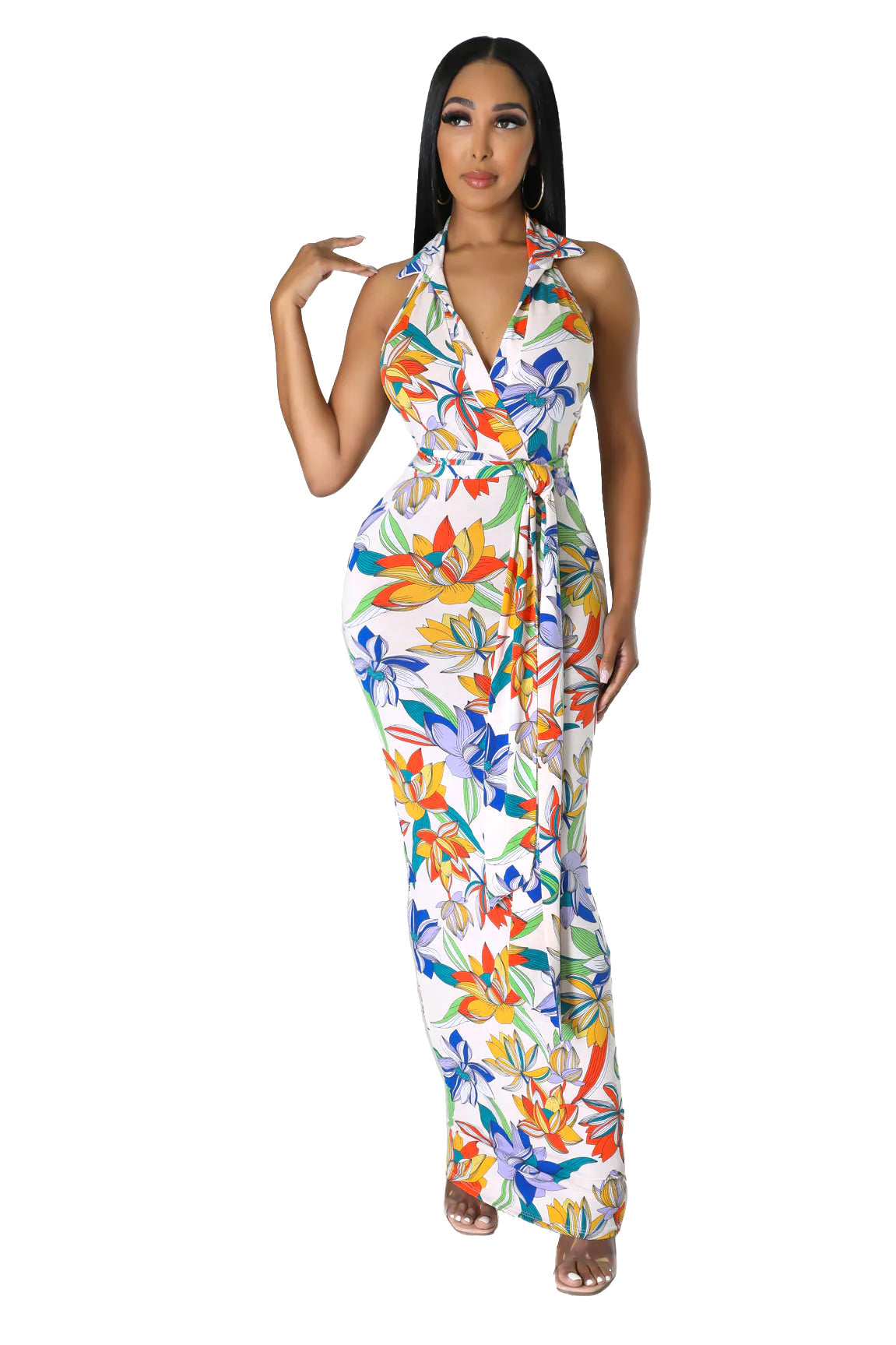 Summer Vacation Flower Pattern Halter Maxi Dress