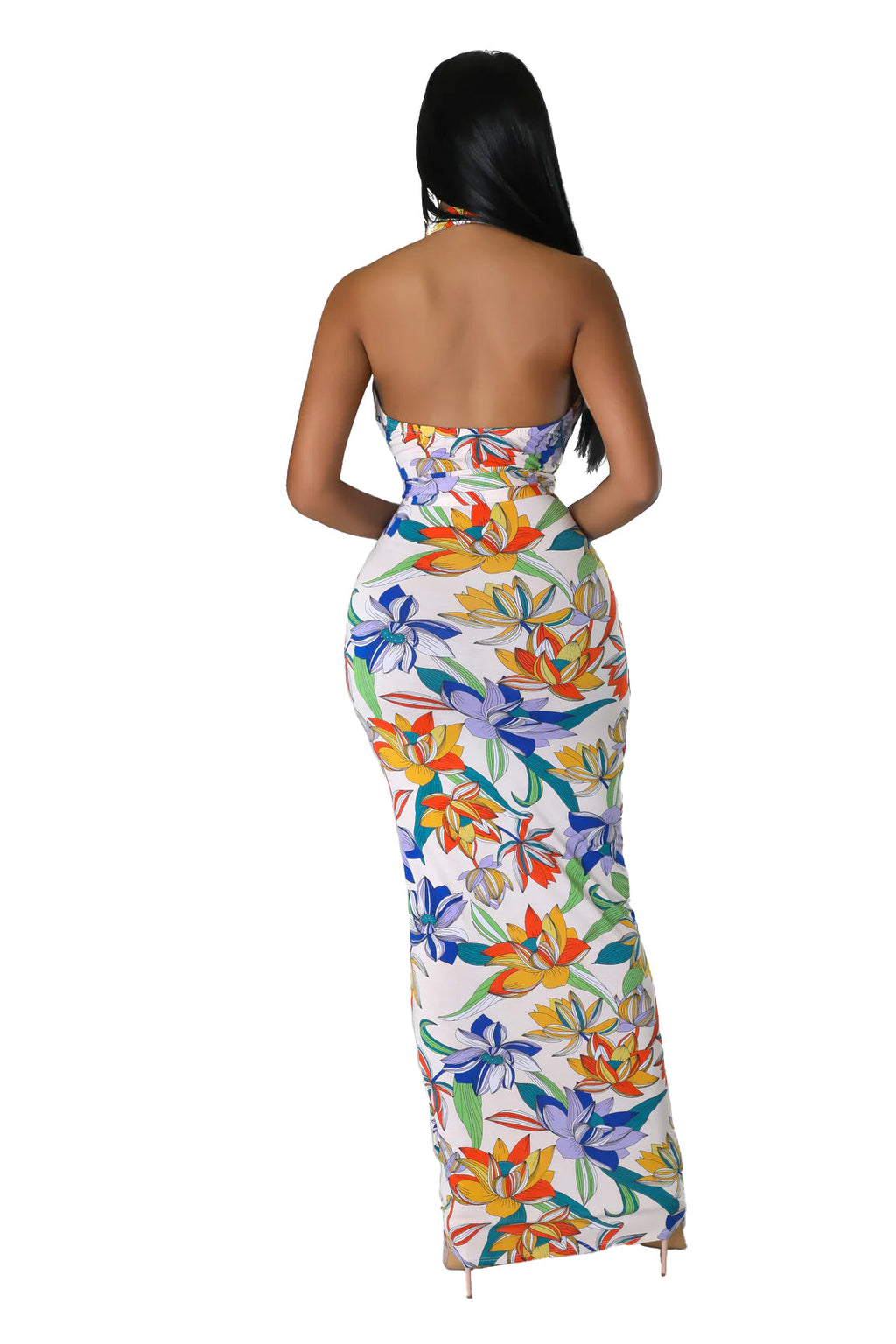 Summer Vacation Flower Pattern Halter Maxi Dress