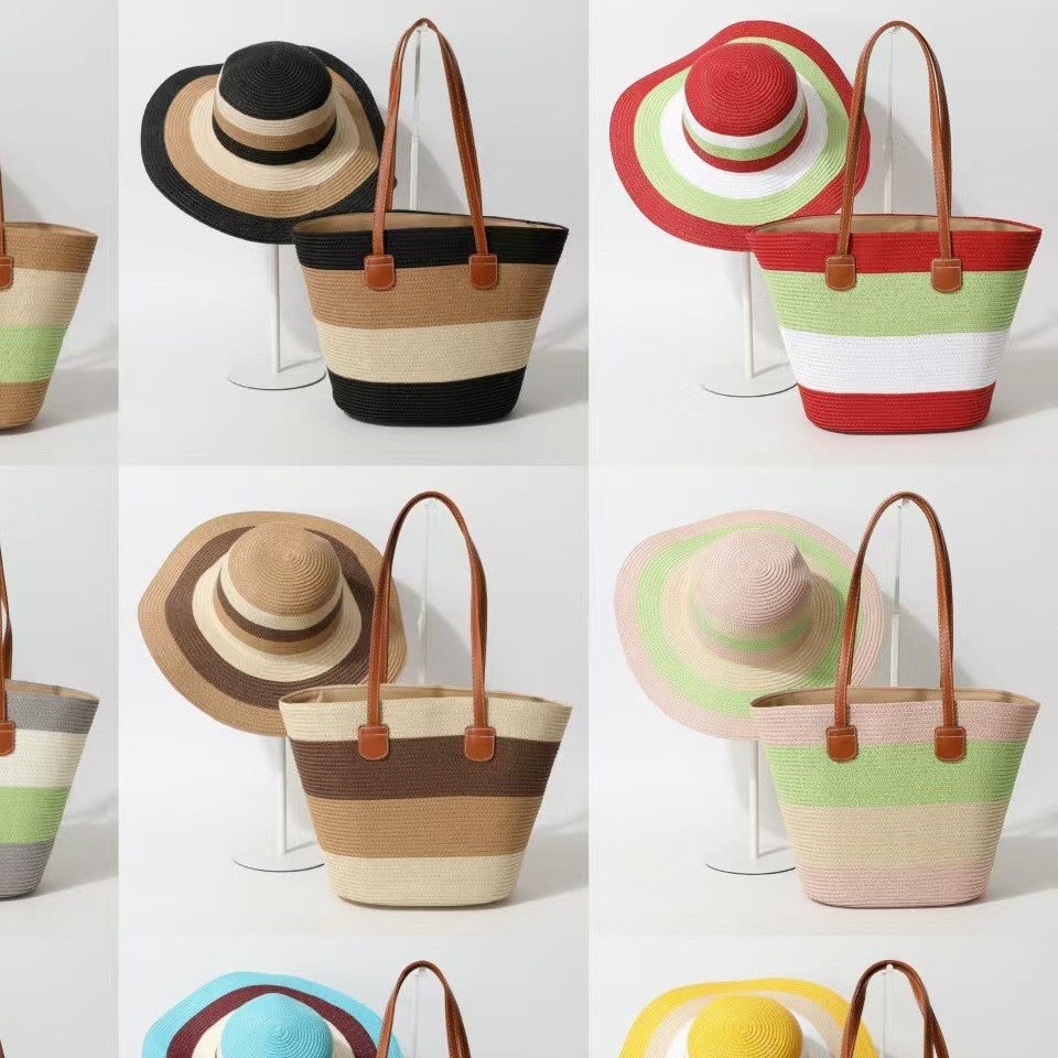 Striped Woven Straw Beachy Set