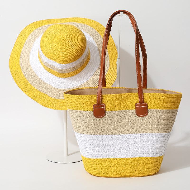 Striped Woven Straw Beachy Set