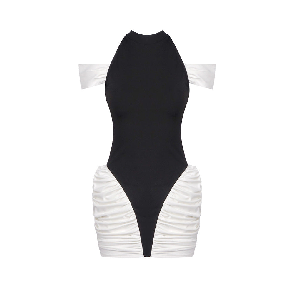 Cocktail Contrast Patchwork Hourglass Pleated Halter Dress
