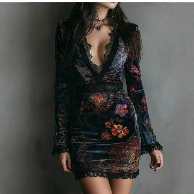 Elegant Mesh V neck Lace Printed Long Sleeved Dress
