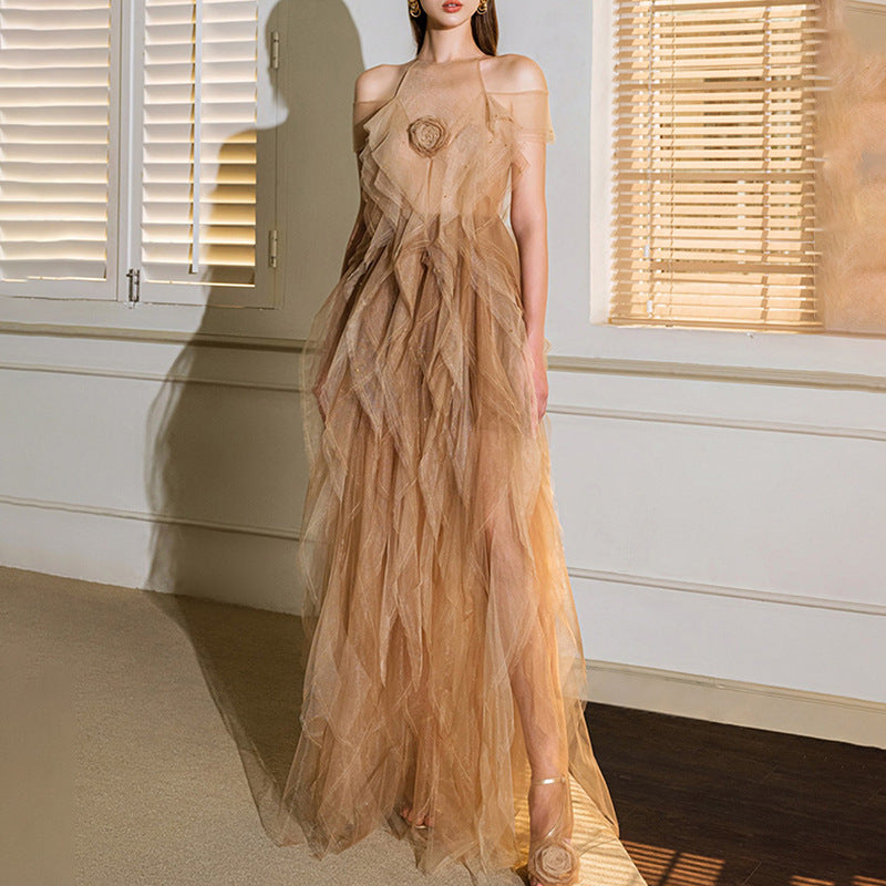 Formal Graceful Mesh Floral Stitching Contrasting Dress