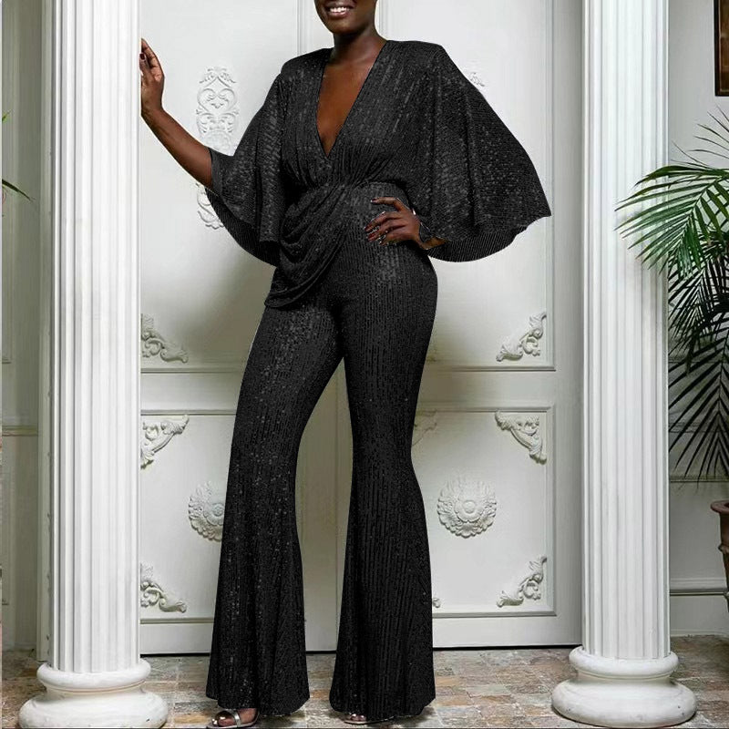 Deep V Sexy Sequin Backless Jumpsuit