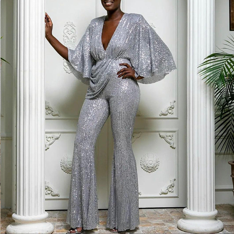 Deep V Sexy Sequin Backless Jumpsuit