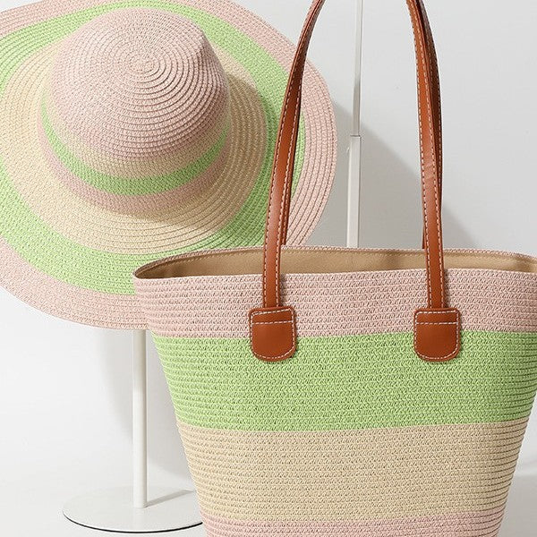 Striped Woven Straw Beachy Set