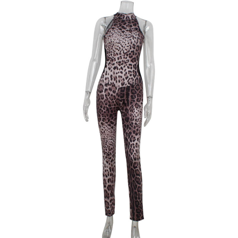 Leopard Print Printed Mesh Stitching Jumpsuit