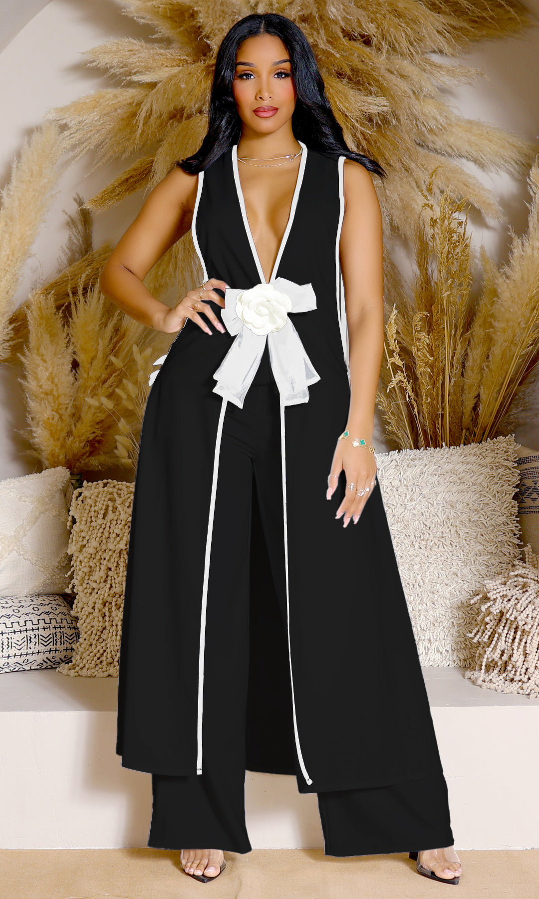 Camellia Couture Bow Sleeveless Long Vest Wide Leg Pants Set