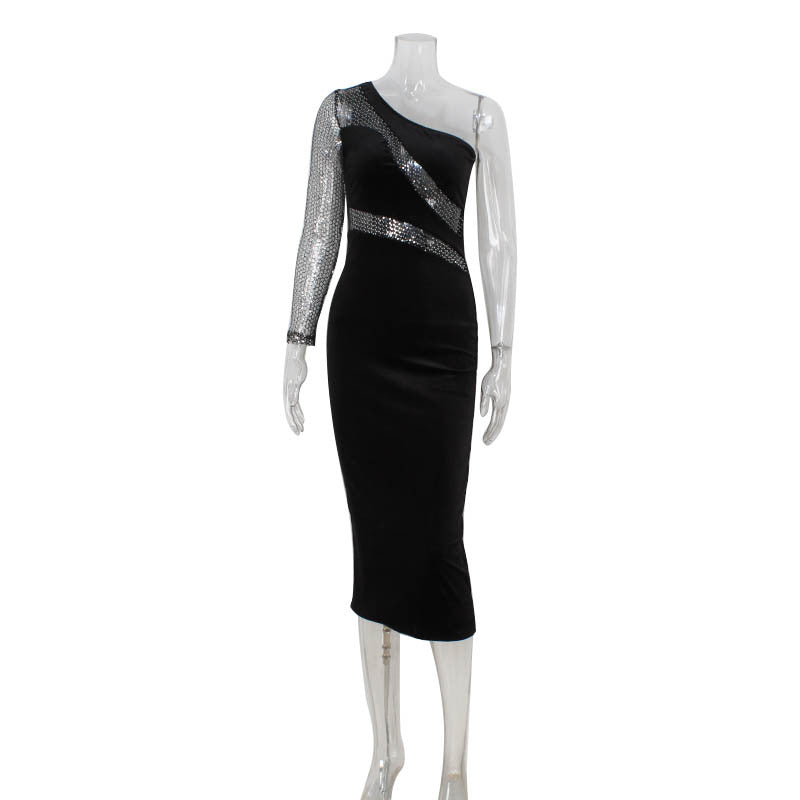 Formal Sequin Stitching One Shoulder Dress
